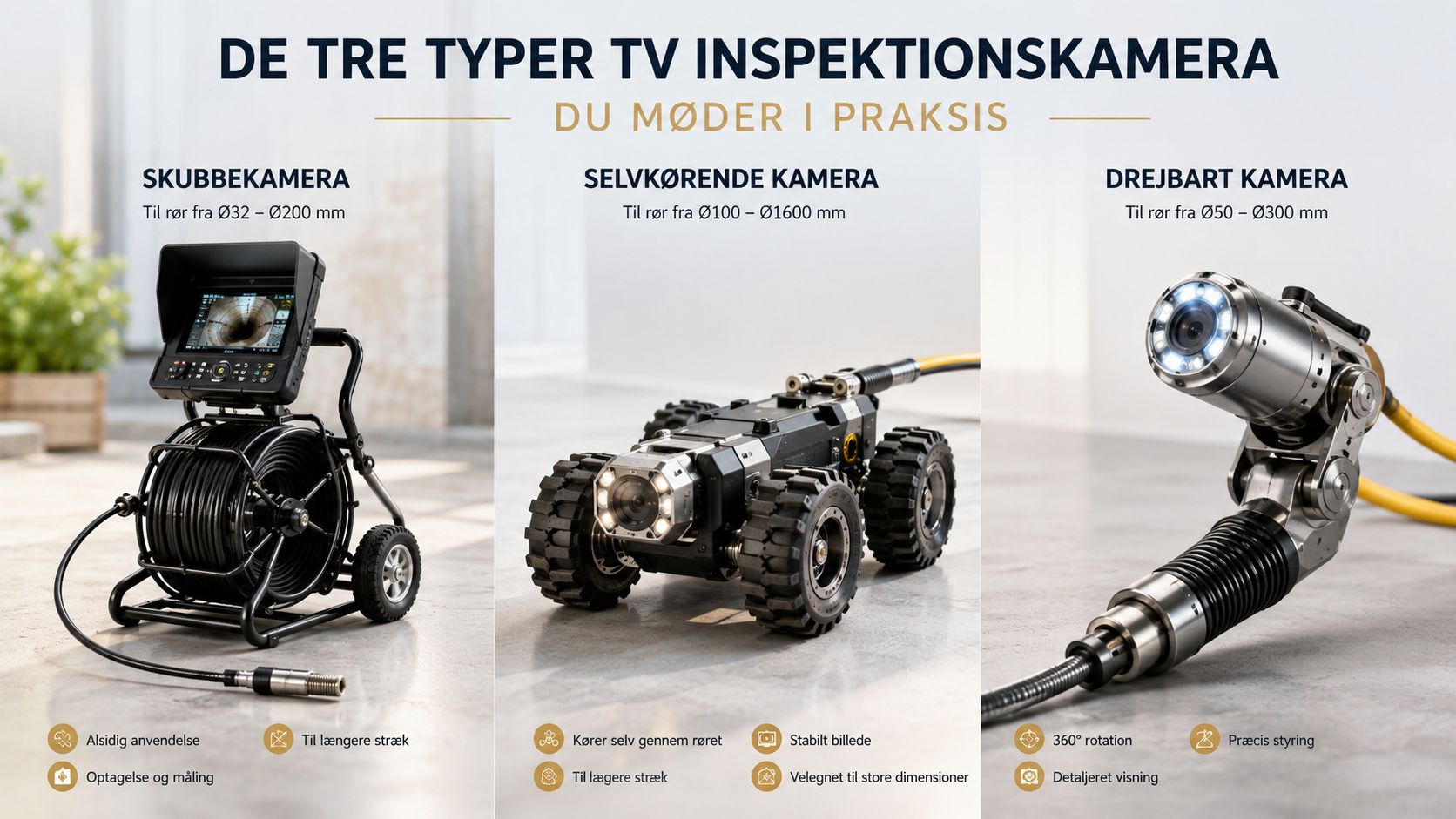 En oversigt over tre typer tv-inspektionskameraer til rørinspektion, herunder skubbekamera, selvkørende kamera og drejbart kamera.