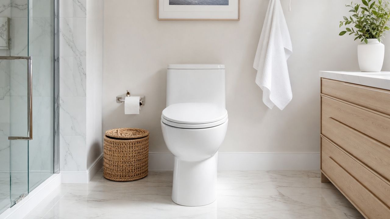 Et moderne badeværelse med hvidt toilet, marmorgulv, træskab og en væghængt hvid håndklæde i en lys indretning.