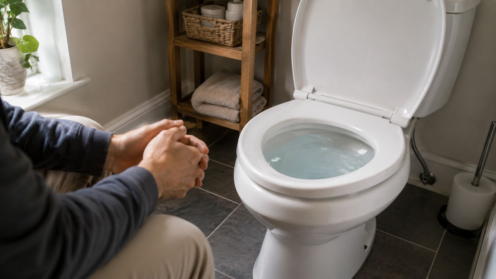 En person sidder på toilettet og overvejer hvad man gør ved et stoppet toilet i hjemmet.