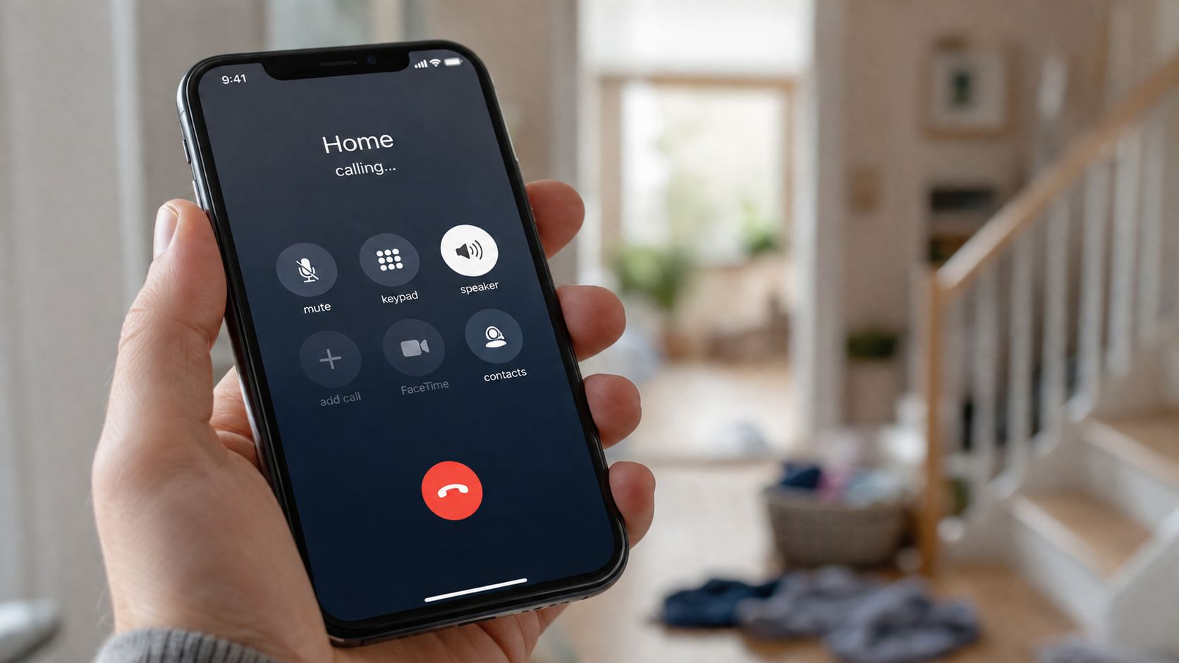 En hånd holder en smartphone, der viser et igangværende telefonopkald til 'Home' på en mørk skærm.