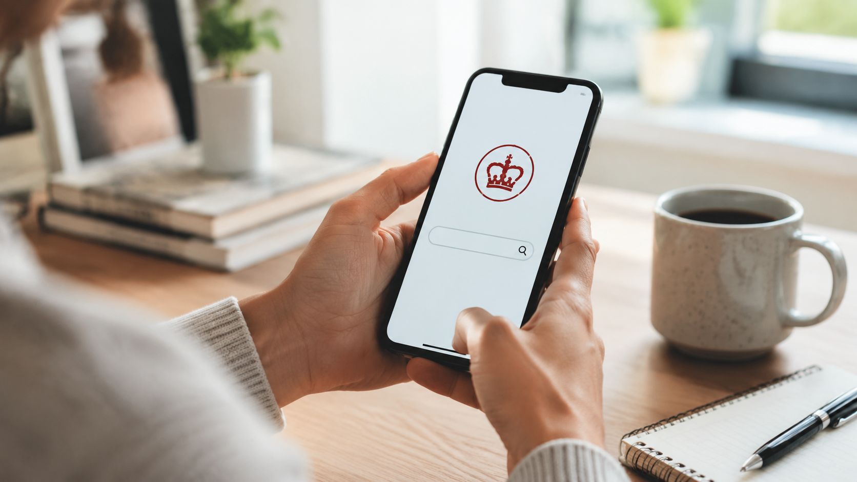 En person holder en smartphone, der viser en søgeside med et kroneikon, siddende ved et skrivebord.