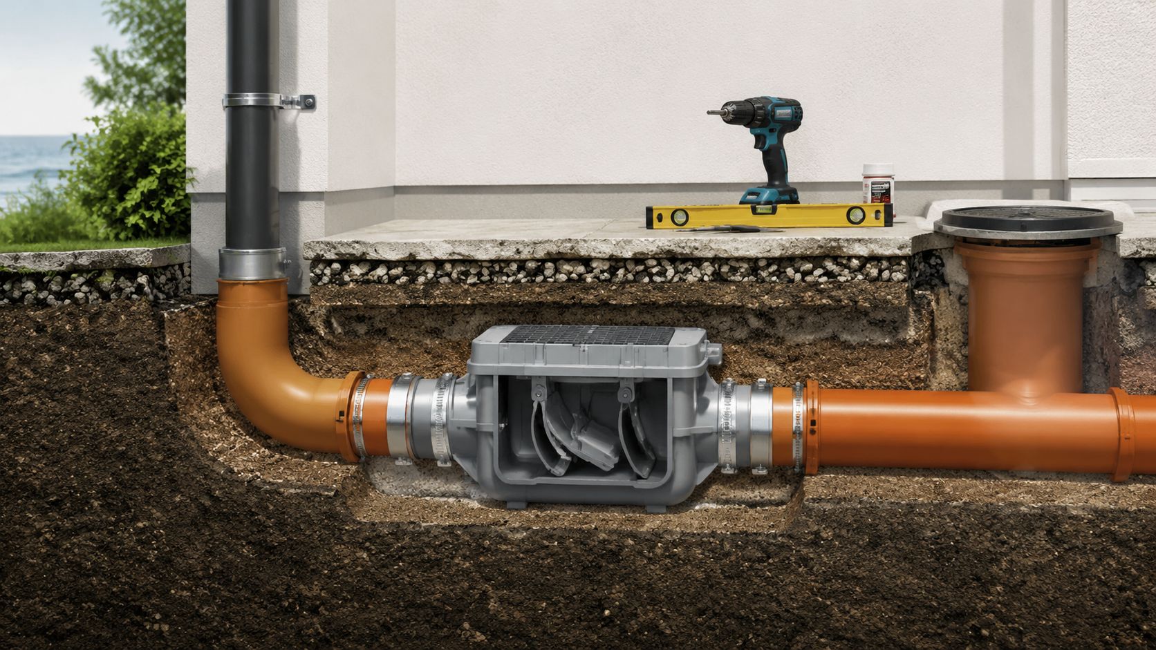 Installation af et højvandslukke med bold under jorden ved et hus for at beskytte mod tilbageløb af spildevand.