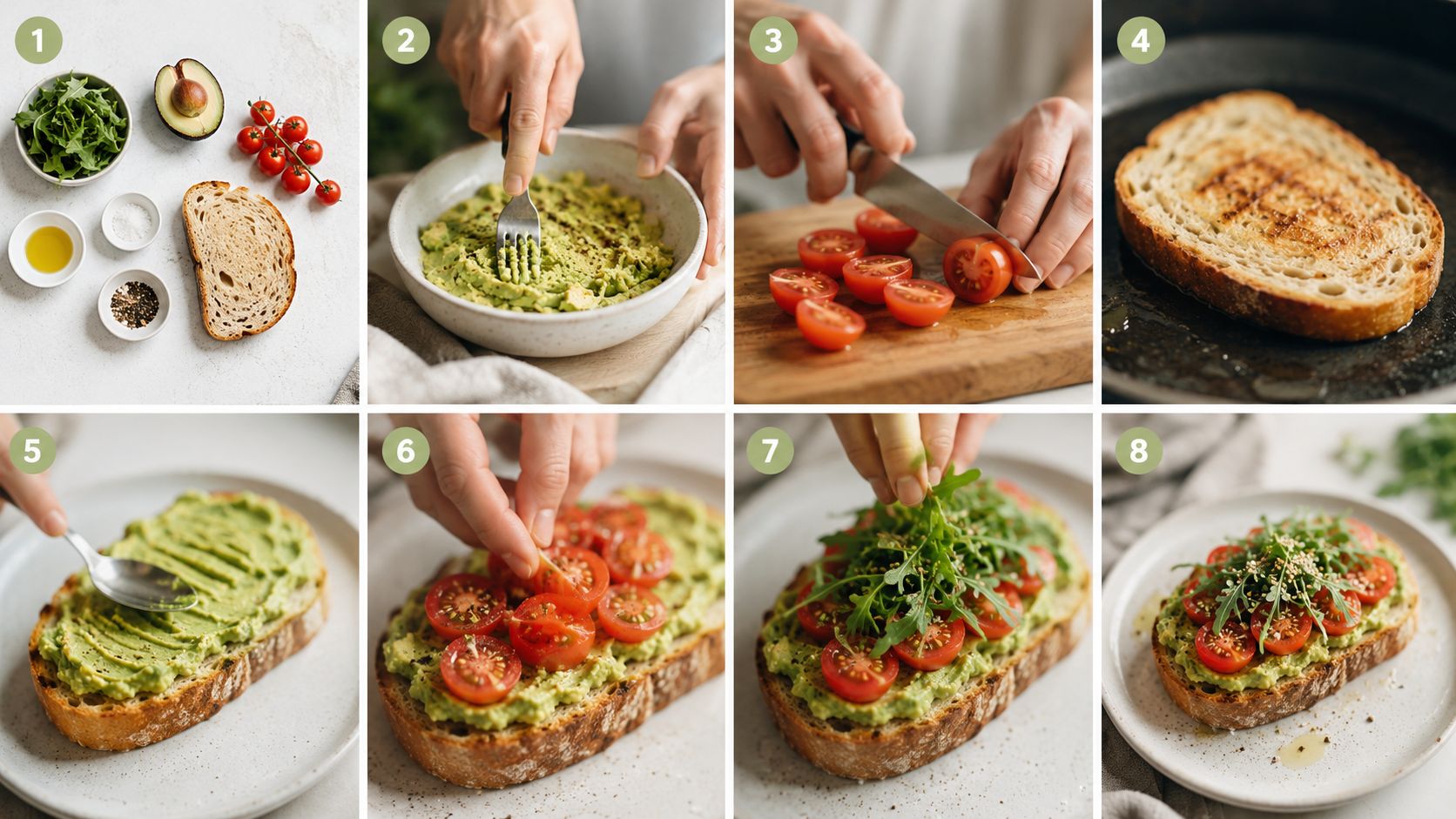 En guide i otte trin der viser hvordan man tilbereder en lækker avocado toast med cherrytomater og rucola.