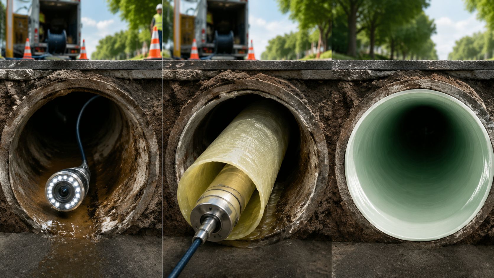 Tre trin i processen for strømpeforing af kloakrør med inspektionskamera, foringsmateriale og det færdige renoverede rør.