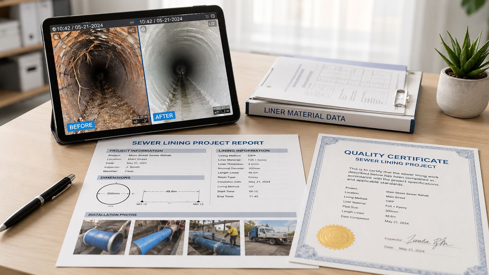 En rapport om kloakrenovering med strømpeforing viser billeder før og efter samt tekniske detaljer om projektet.