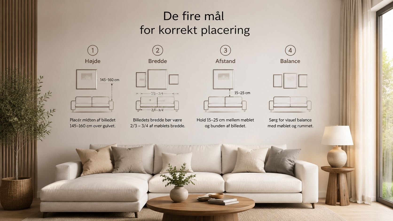 En infografik der viser fire retningslinjer for korrekt placering af billeder over en sofa i stuen.