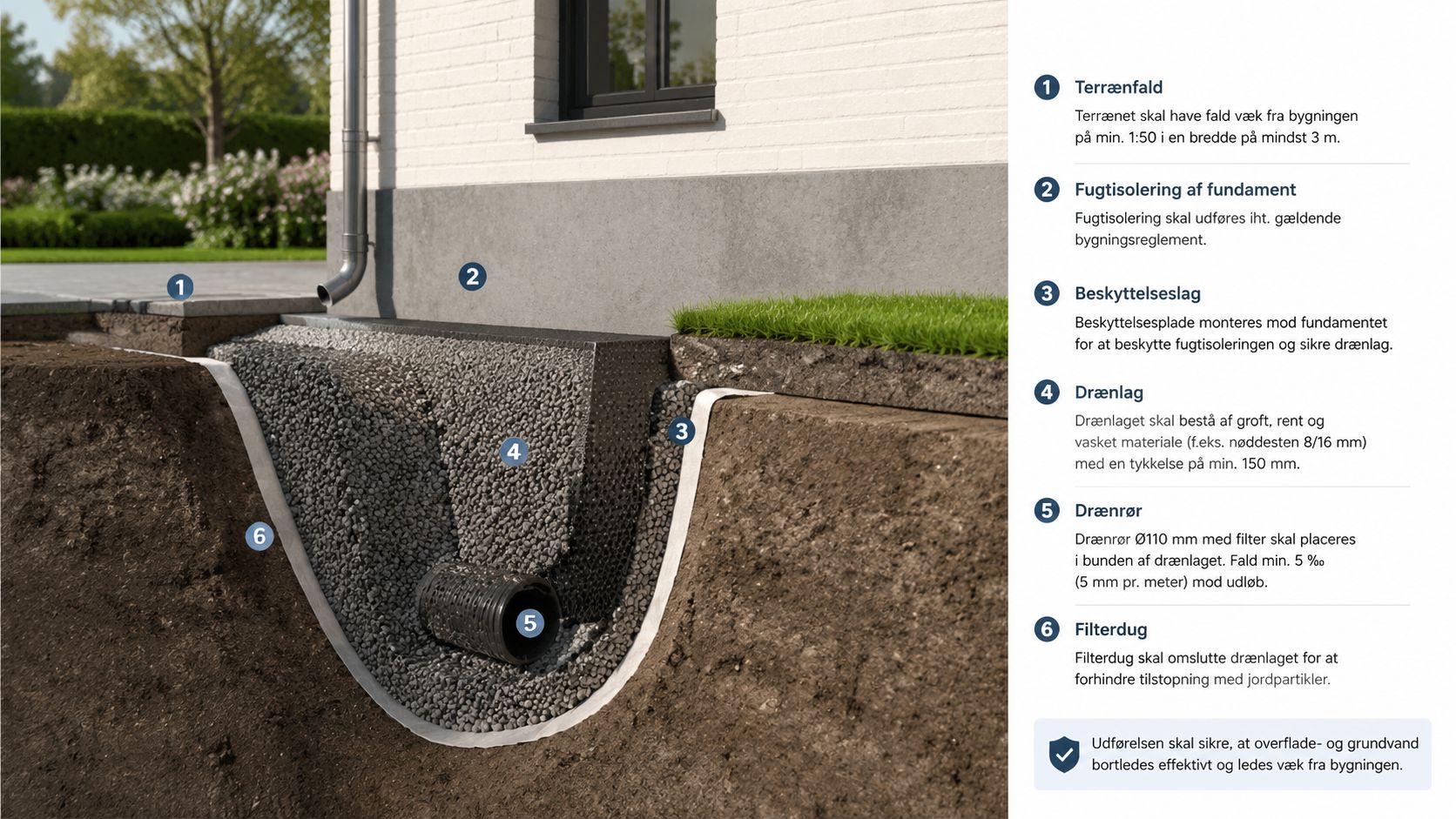 Illustration af et omfangsdræn langs et husfundament uden kælder for korrekt afvanding af bygningens fundament.