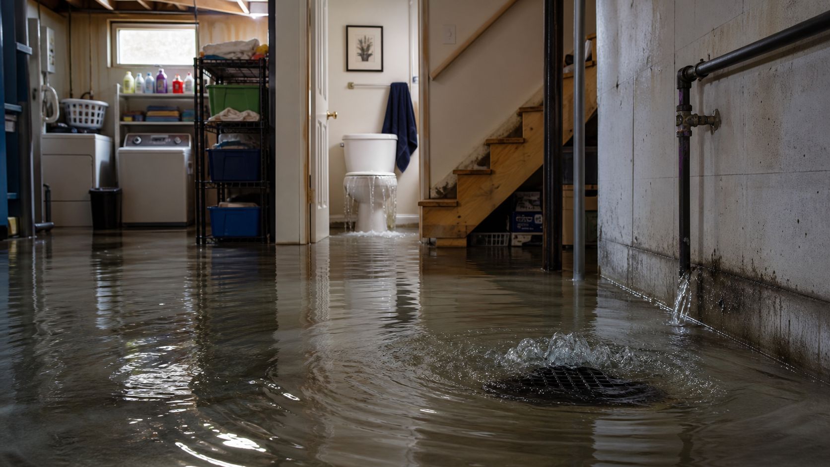 En oversvømmet kælder med vand, der strømmer ud fra et afløb og et toilet i baggrunden.