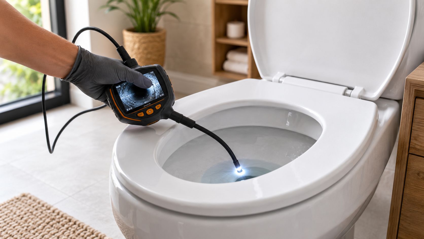 En blikkenslager bruger et kloakkamera til tv-inspektion af et toilet for at finde et muligt stop.