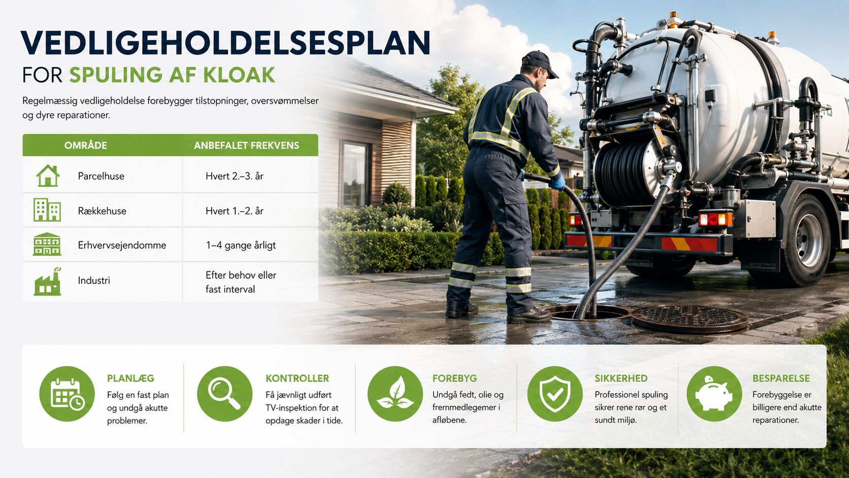 Vedligeholdelsesplan for spuling af kloak, der viser anbefalede intervaller for huse, erhverv og industri samt fordelene ved forebyggelse.