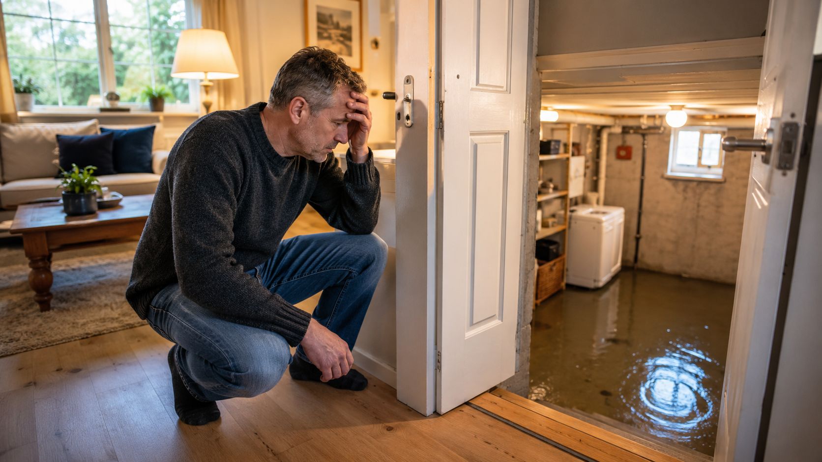 En bekymret mand knæler ved en døråbning og kigger på en oversvømmet kælder i sit hjem.