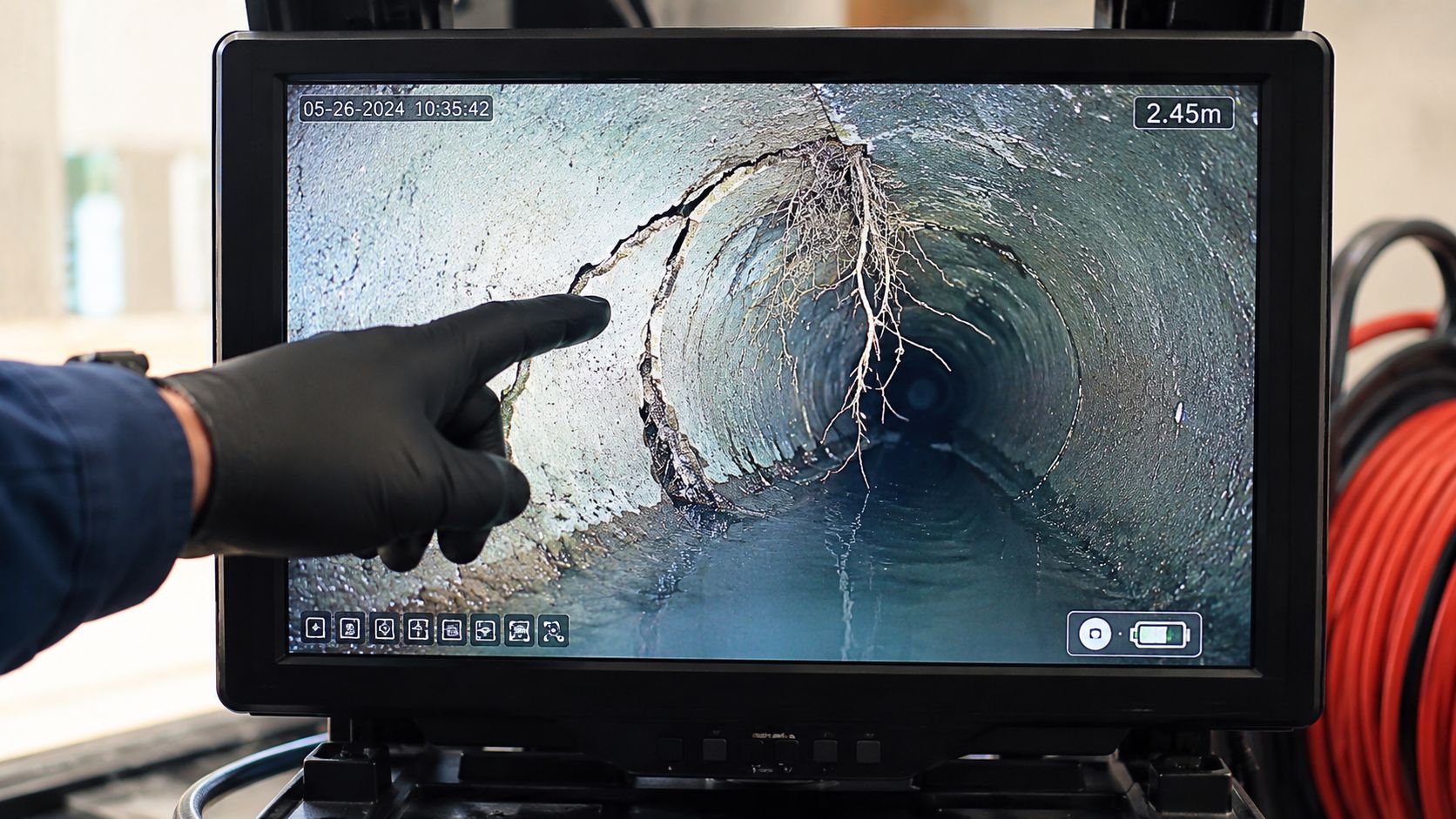 En tekniker foretager tv-inspektion af kloakrør, hvor en revne og rodvækst i betonrøret bliver undersøgt på skærmen.