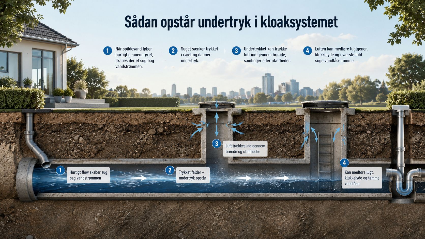 Illustration af hvordan undertryk i kloaksystemet kan skabe lugtgener, klukkelyde og tømme vandlåse i boliger.