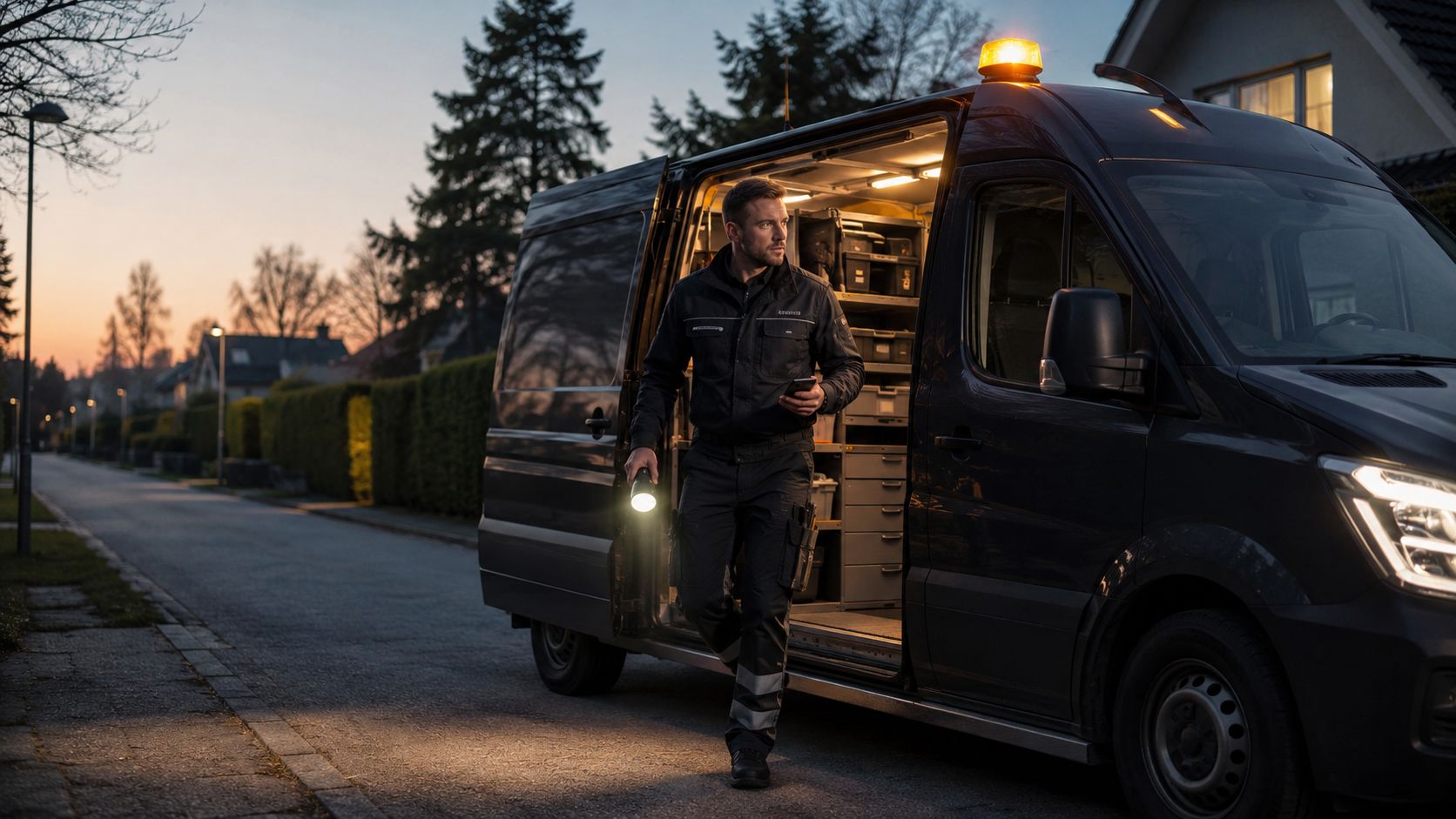 En professionel kloakmester træder ud af sin servicevogn i Nordsjælland ved skumringstid med en lommelygte i hånden.