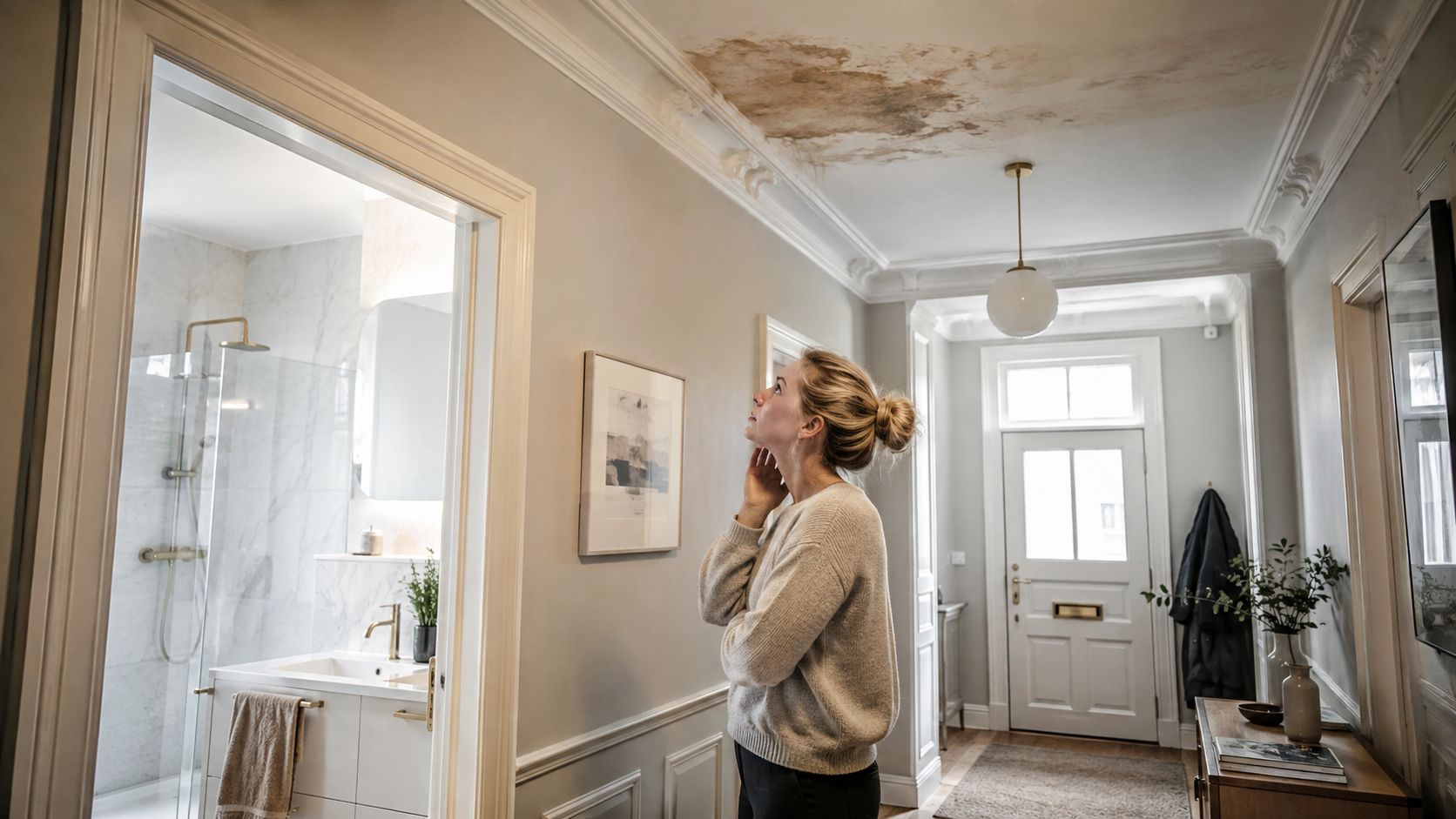En bekymret kvinde kigger op på en vandskade i loftet i en gang ved siden af et badeværelse.