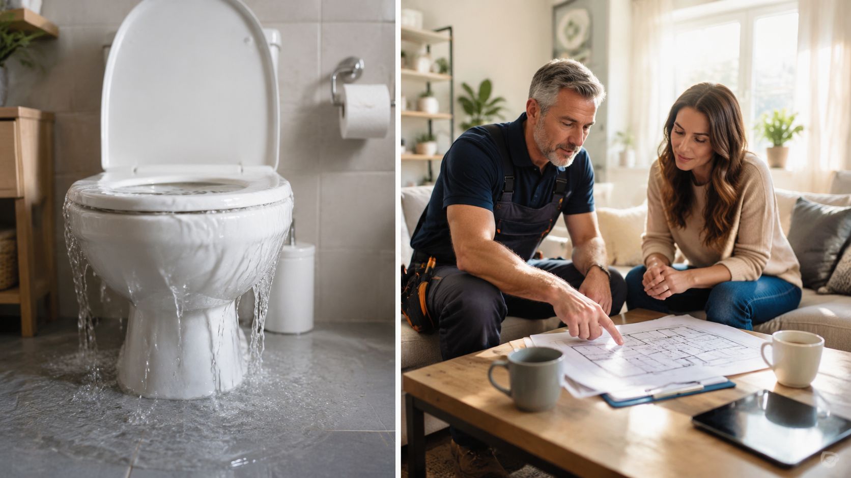 Et oversvømmet toilet ved siden af en tømrer og en kvinde, der gennemgår plantegninger til renovering.