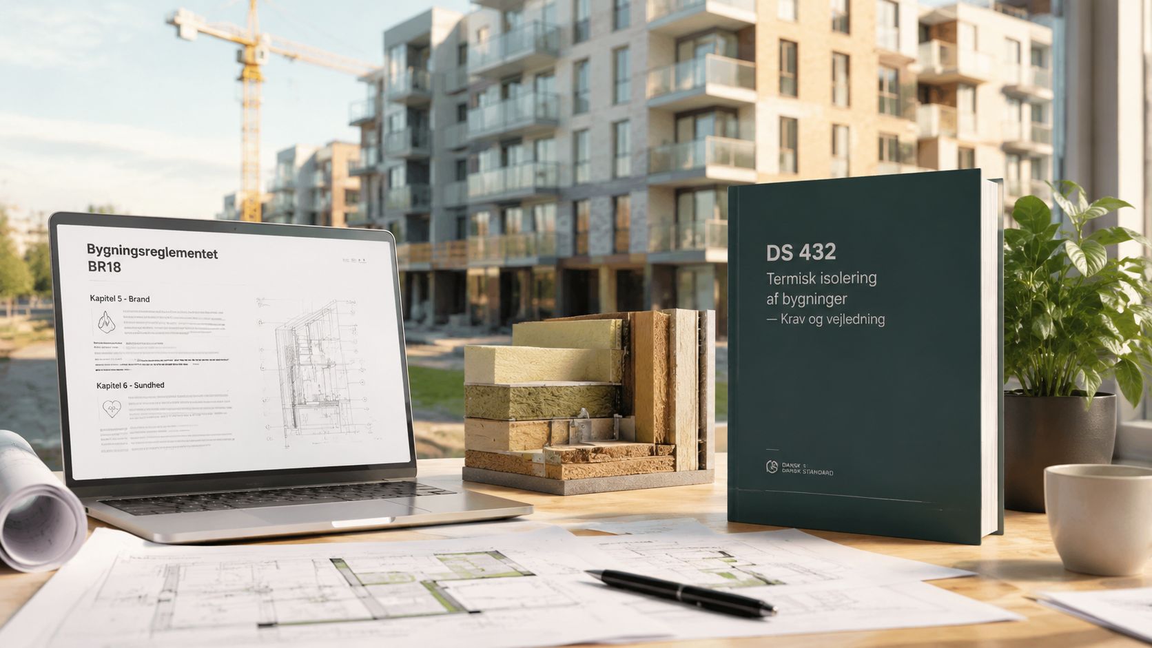 Et skrivebord med bærbar computer, isoleringsprøver, plantegninger og en teknisk manual om termisk isolering af bygninger.