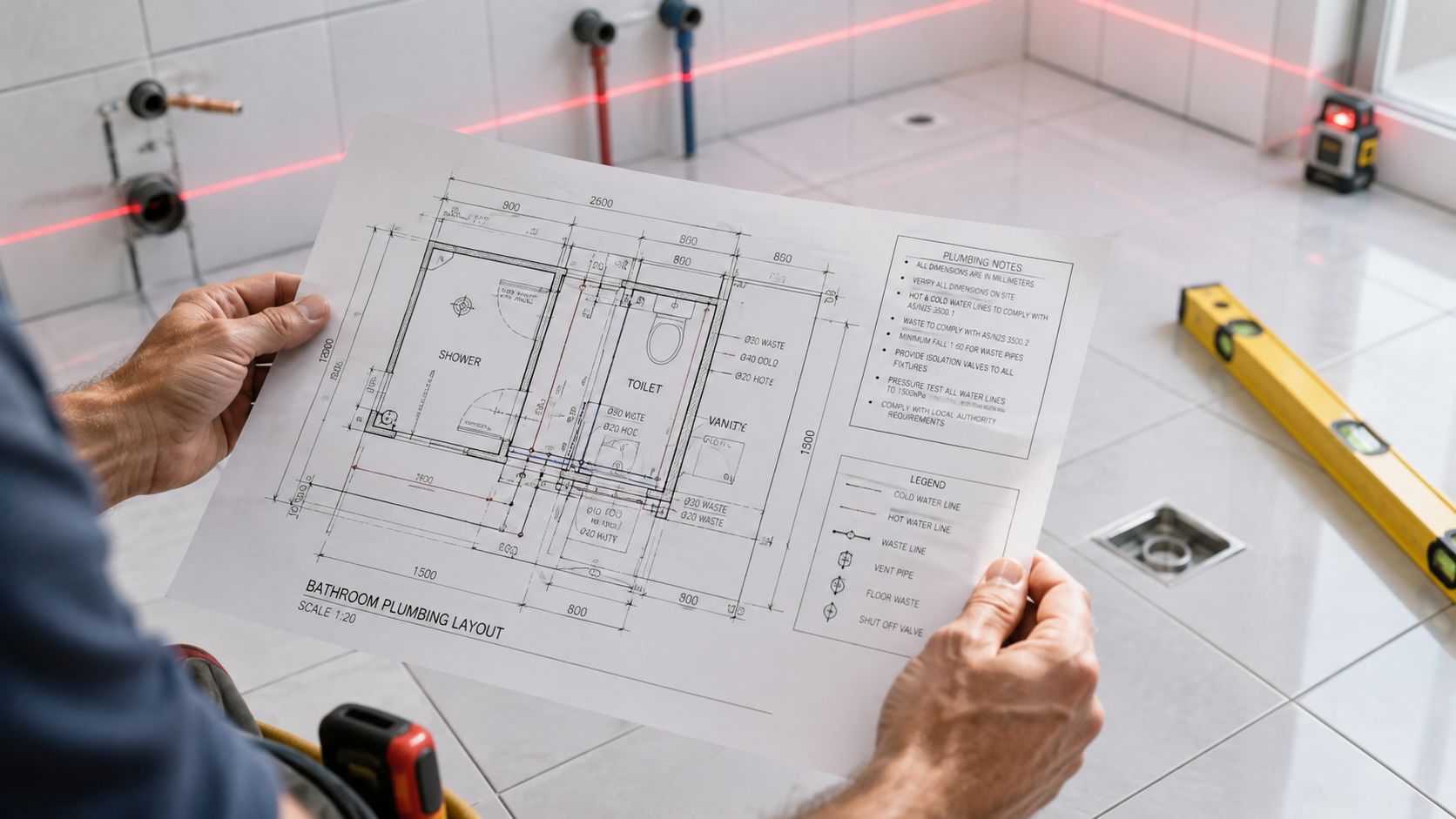 En VVS-installatør holder en teknisk tegning af badeværelsets VVS-layout med fokus på toilet og afløb placering.