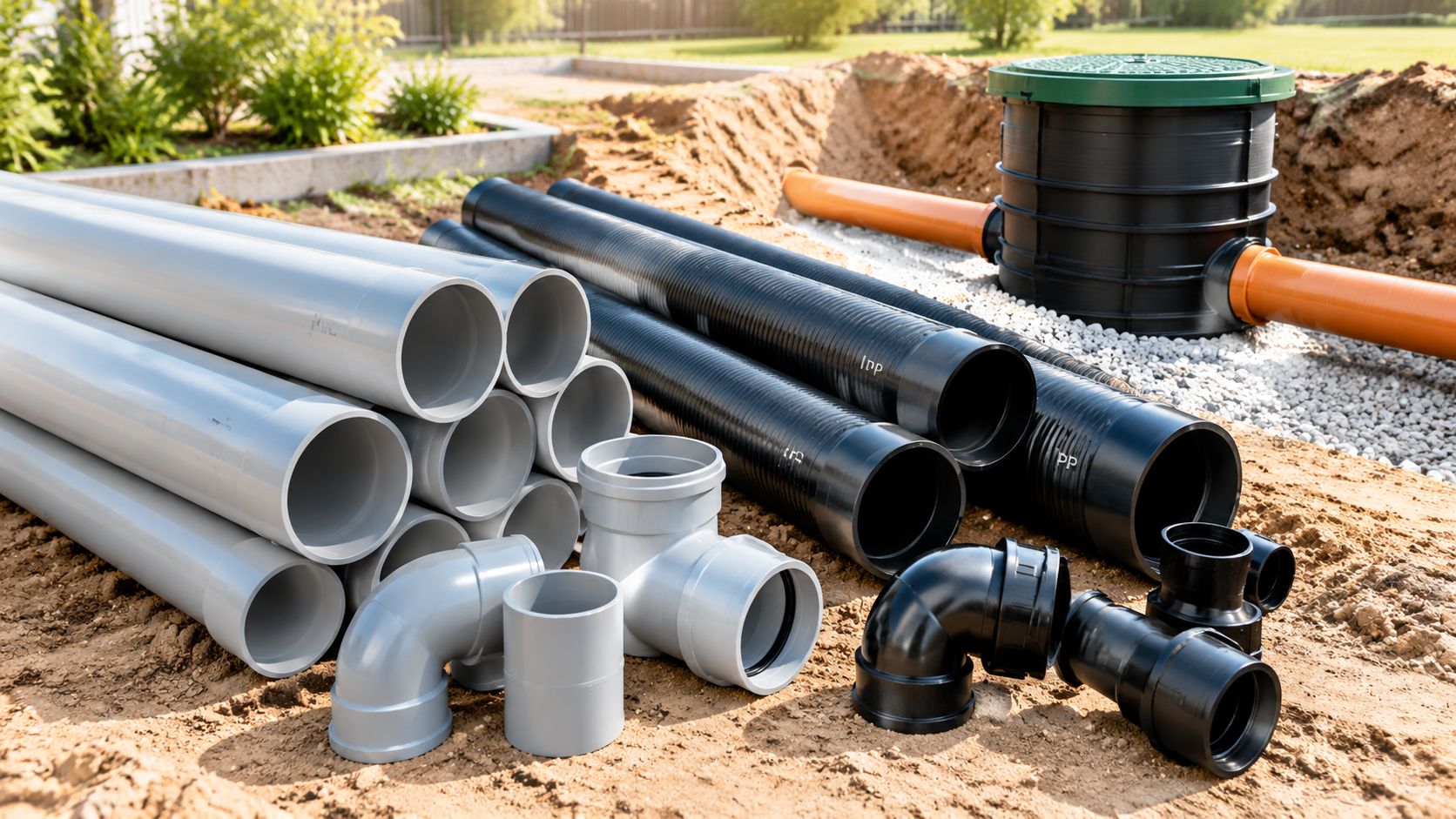 Diverse plastikrør og fittings til etablering af omfangsdræn og afløbssystemer ved et byggeprojekt i haven.