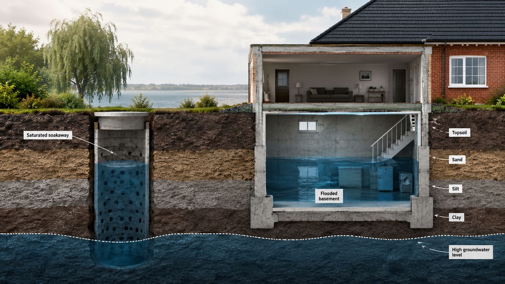 Illustration af oversvømmet kælder og mættet nedsivningsbrønd på grund af forhøjet grundvandsspejl nær en bolig.