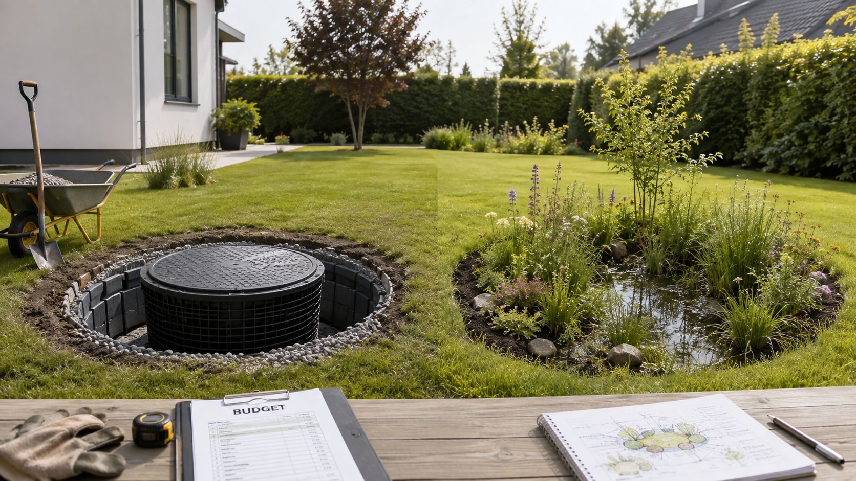Et landskabsdesignprojekt i en have med fokus på regnvandshåndtering, synlige kloakdæksler og en lille havedam.