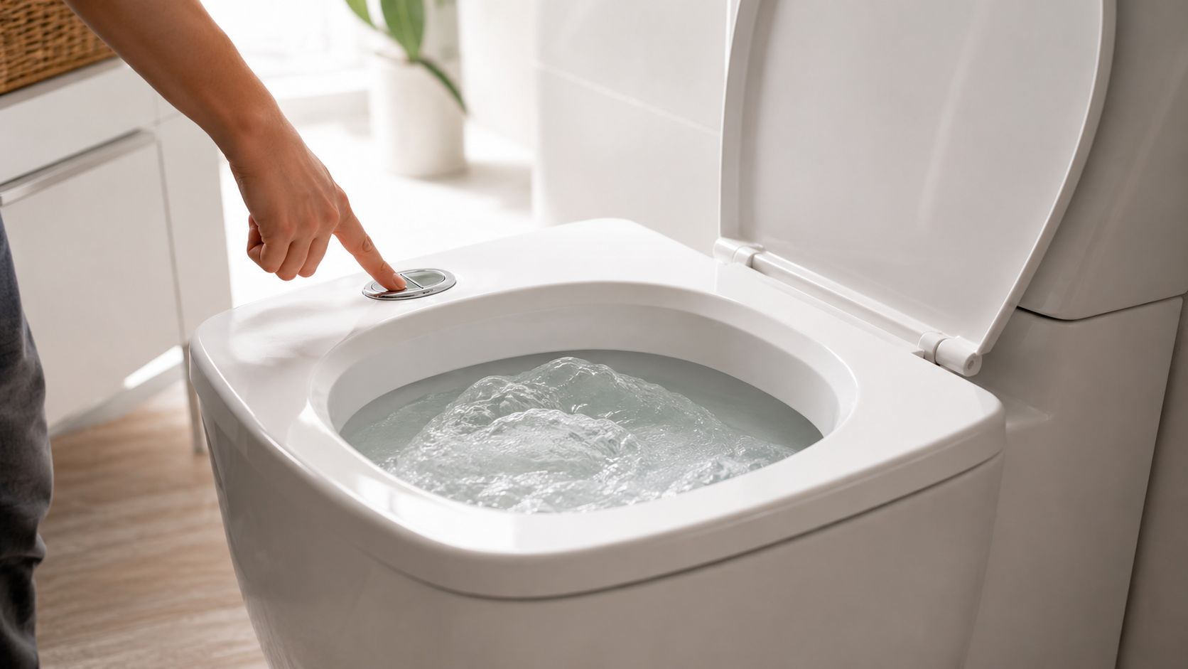 En hånd trykker på skylleknappen på et moderne hvidt toilet, hvor vandet i kummen er i bevægelse.