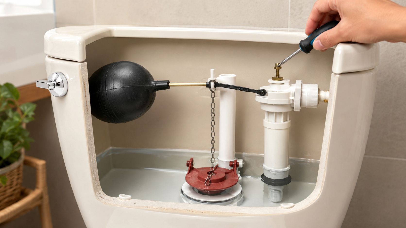 En person bruger en skruetrækker til at justere svømmerventilen inde i en åben toilettank for reparation.