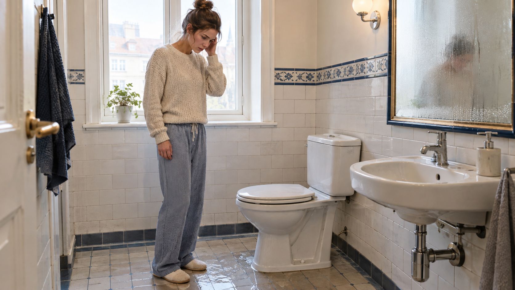 En kvinde står frustreret i et badeværelse, hvor gulvet er oversvømmet med vand ved siden af toilettet.