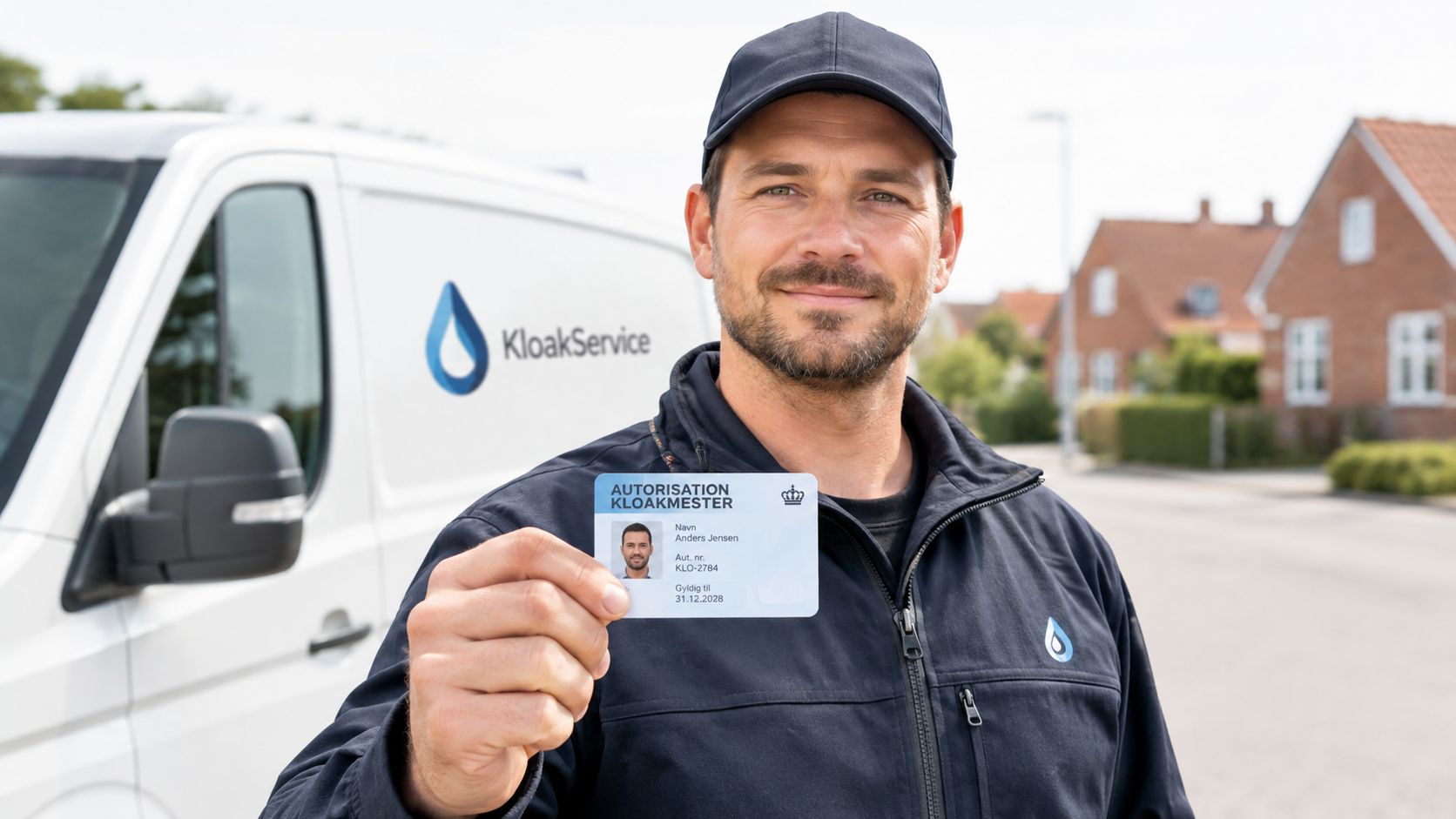 En smilende kloakmester i uniform holder sit autorisationskort frem foran en hvid servicevogn fra KloakService.