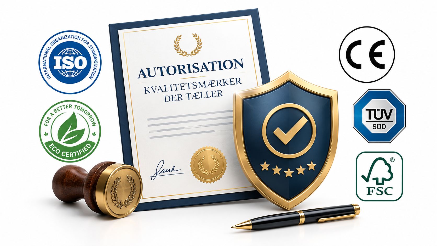 Et officielt certifikat med kvalitetsmærker, et segl, en pen og en beskyttende blå skjold-illustration på hvid baggrund.